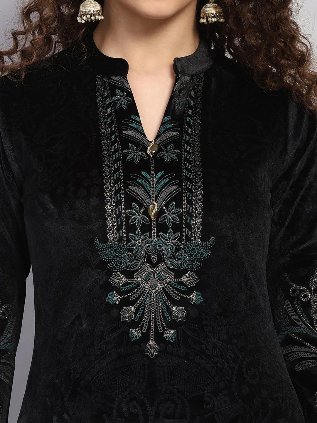 Women Black Printed Round Neck Full Sleeve 3 Pc Kurti Set for Winter - Image 6