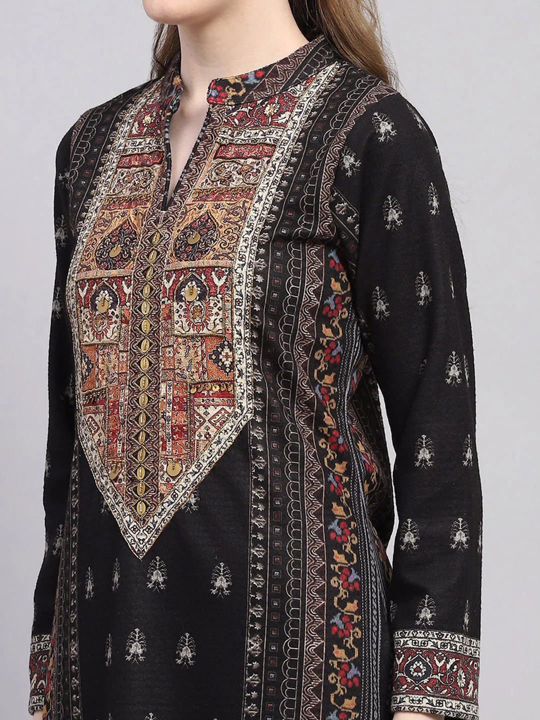Women Black Printed Round Neck Full Sleeve Kurti Set with Stole - Image 6