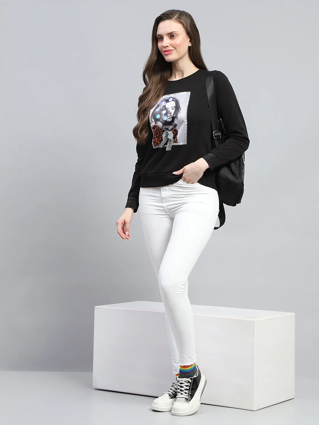 Women Black Printed Round Neck Full Sleeve Sweatshirt - Image 2