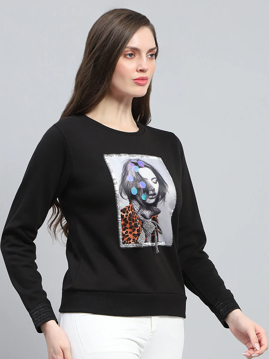 Women Black Printed Round Neck Full Sleeve Sweatshirt - Image 4