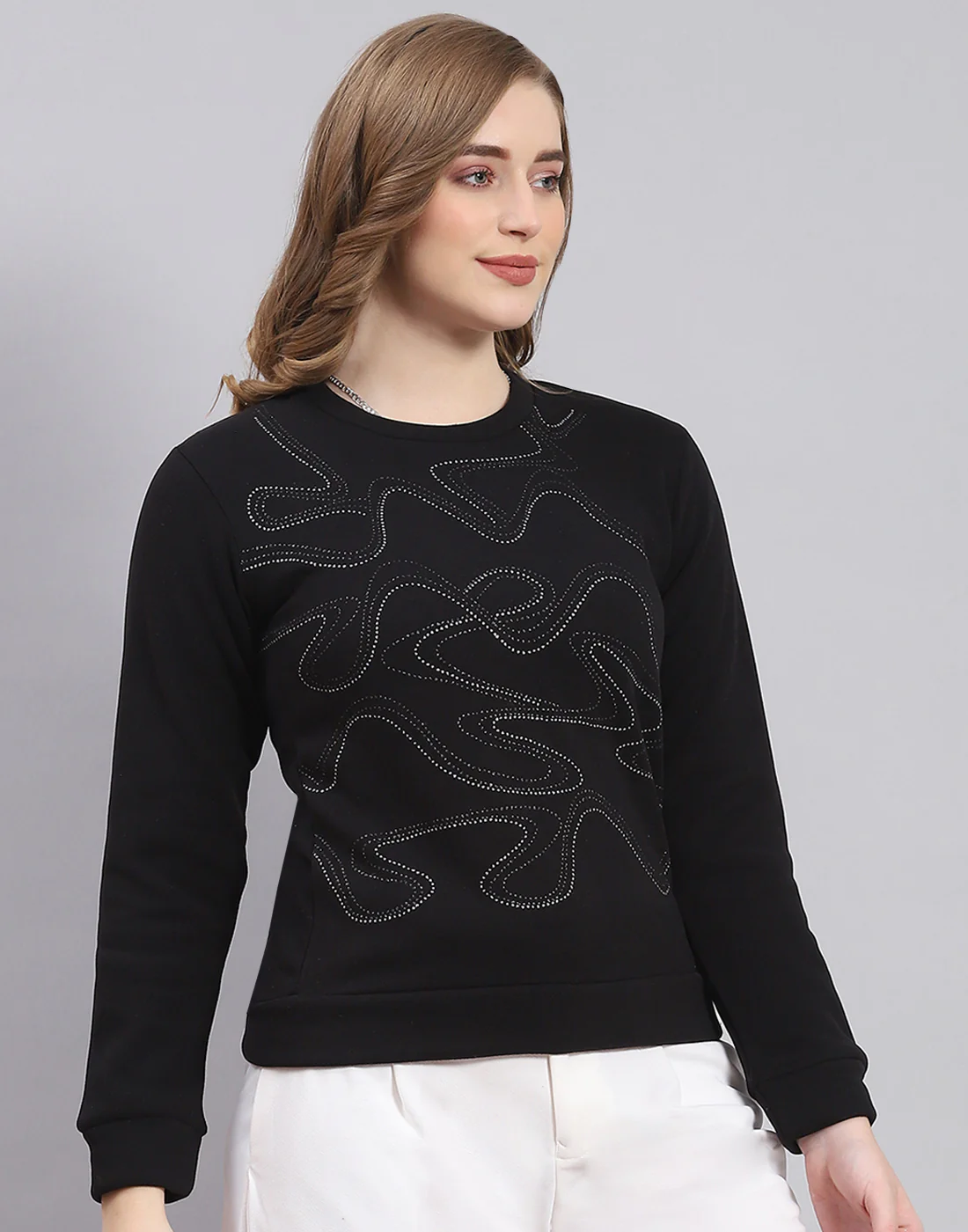 Women Black Printed Round Neck Full Sleeve Sweatshirt - Image 5