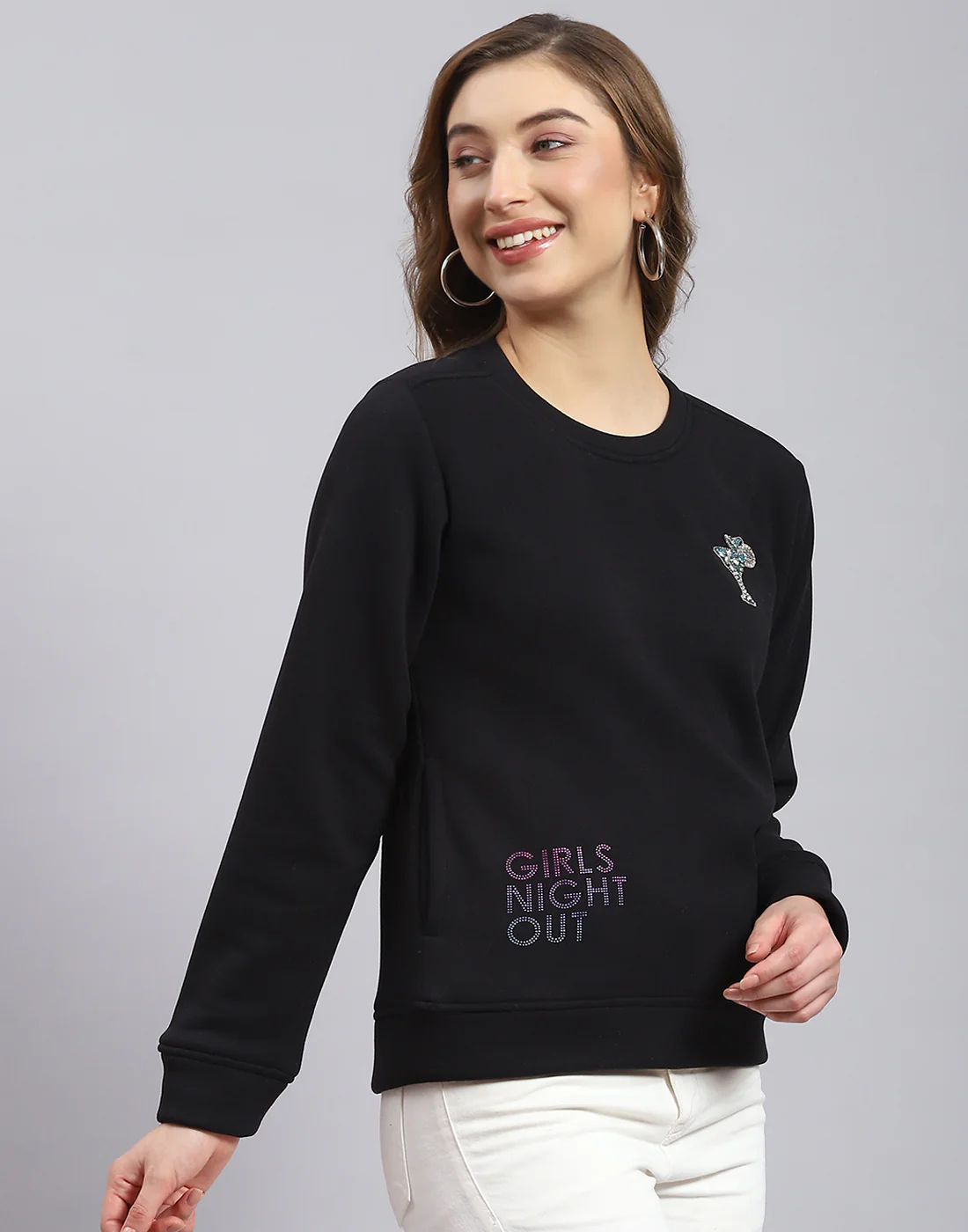 Women Black Printed Round Neck Full Sleeve Sweatshirt - Image 5