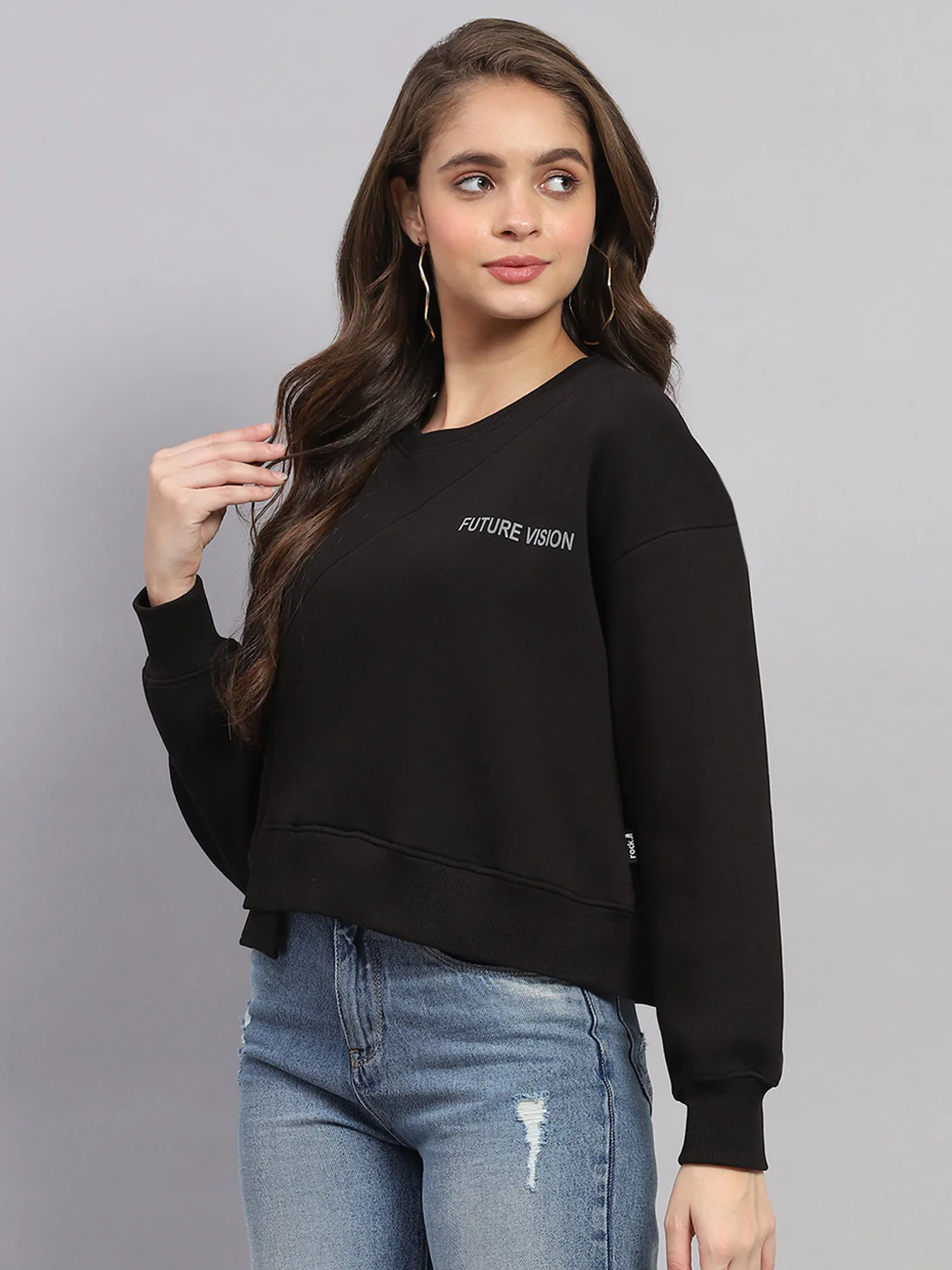 Rock.it Women Black Printed Round Neck Full Sleeve Sweatshirt - Image 3