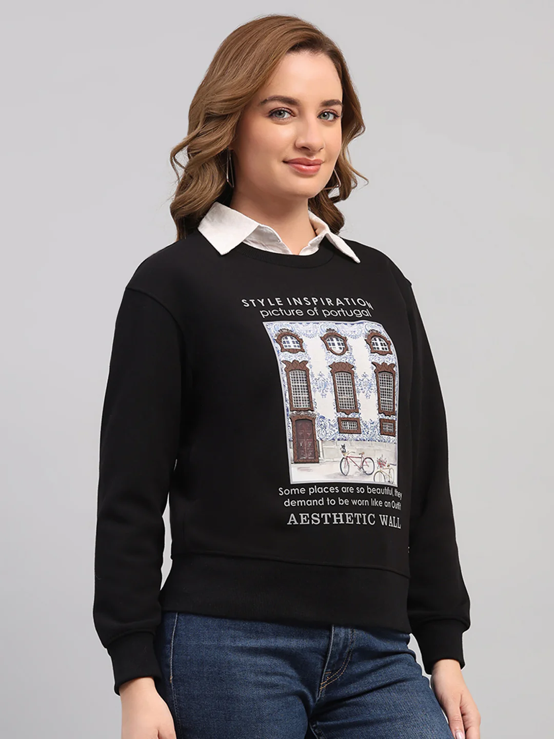 Women Black Printed Round Neck Full Sleeve Sweatshirt - Image 4