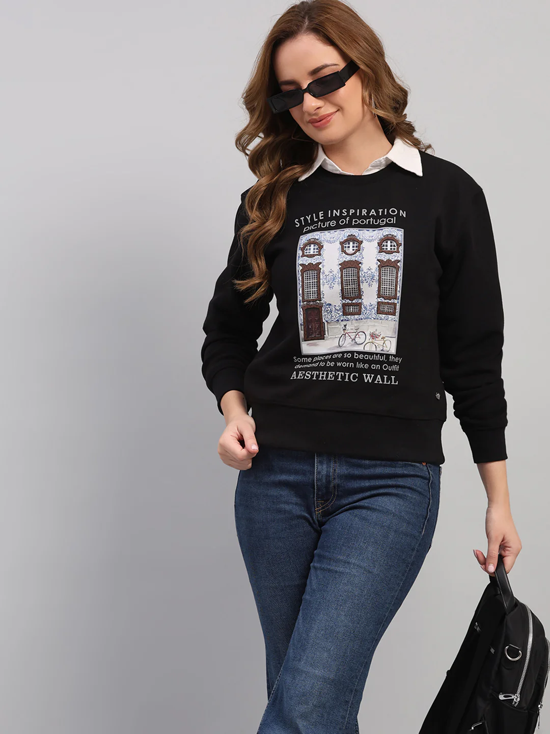 Women Black Printed Round Neck Full Sleeve Sweatshirt - Image 7