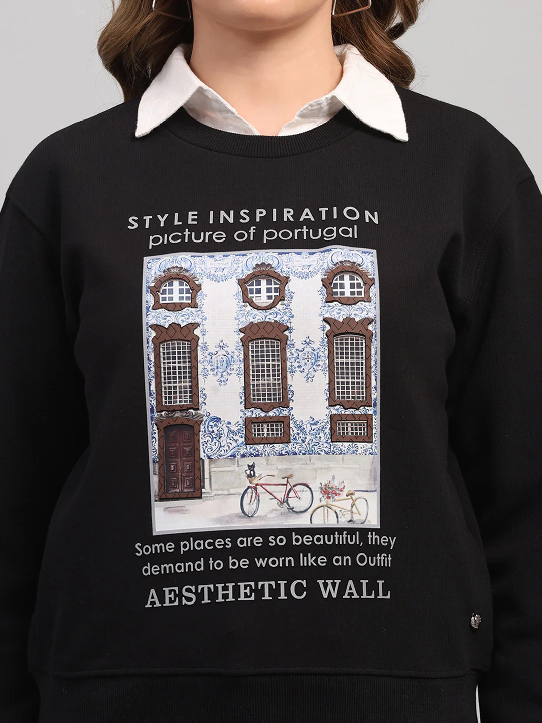 Women Black Printed Round Neck Full Sleeve Sweatshirt - Image 8