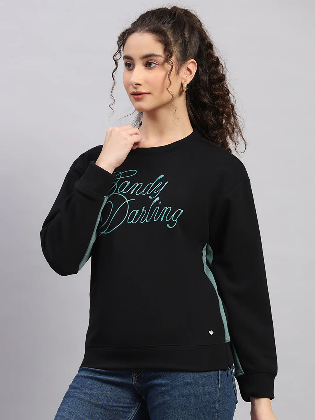 Women Black Printed Round Neck Full Sleeve Sweatshirt - Image 3