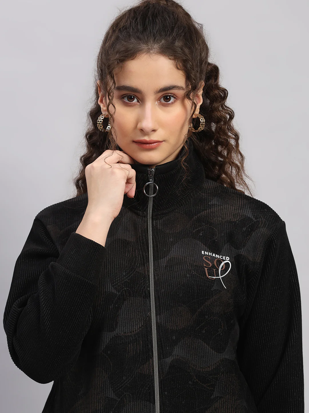 Women Black Printed Round Neck Full Sleeve Sweatshirt - Image 6