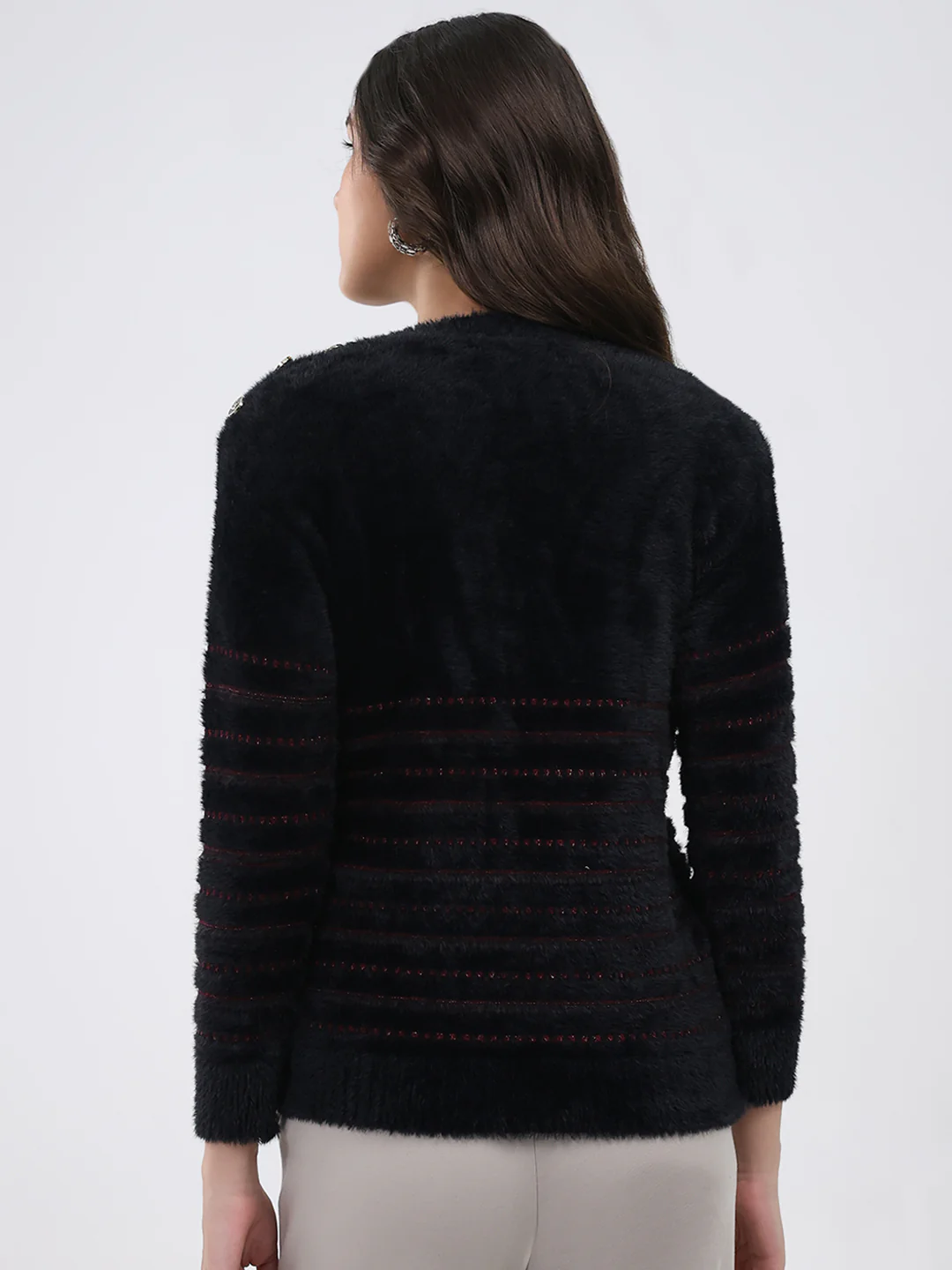 Women Black Printed Round Neck Full Sleeve Winter Top - Image 5