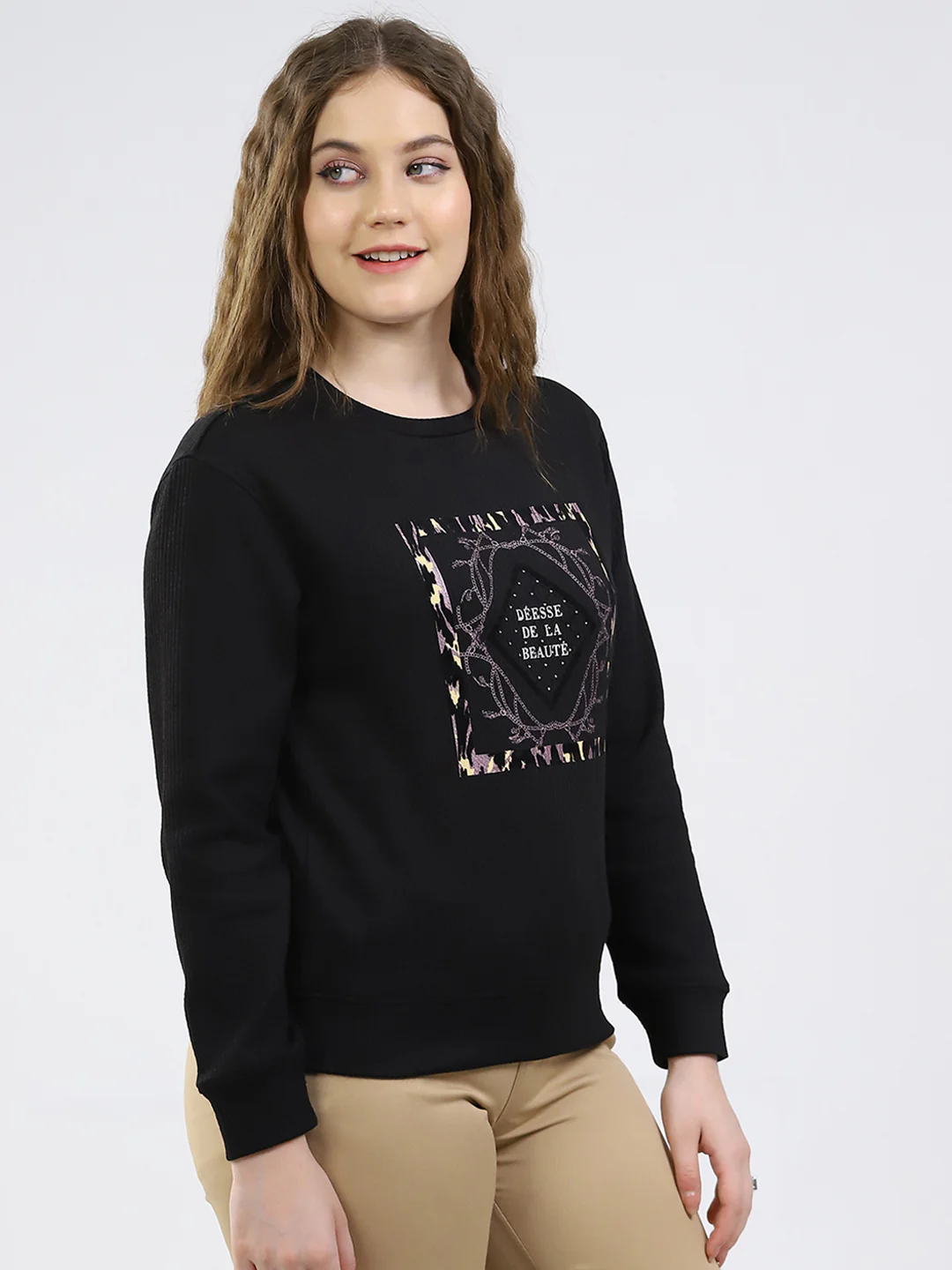 Women Black Printed Round Neck Full Sleeve Winter Top - Image 4