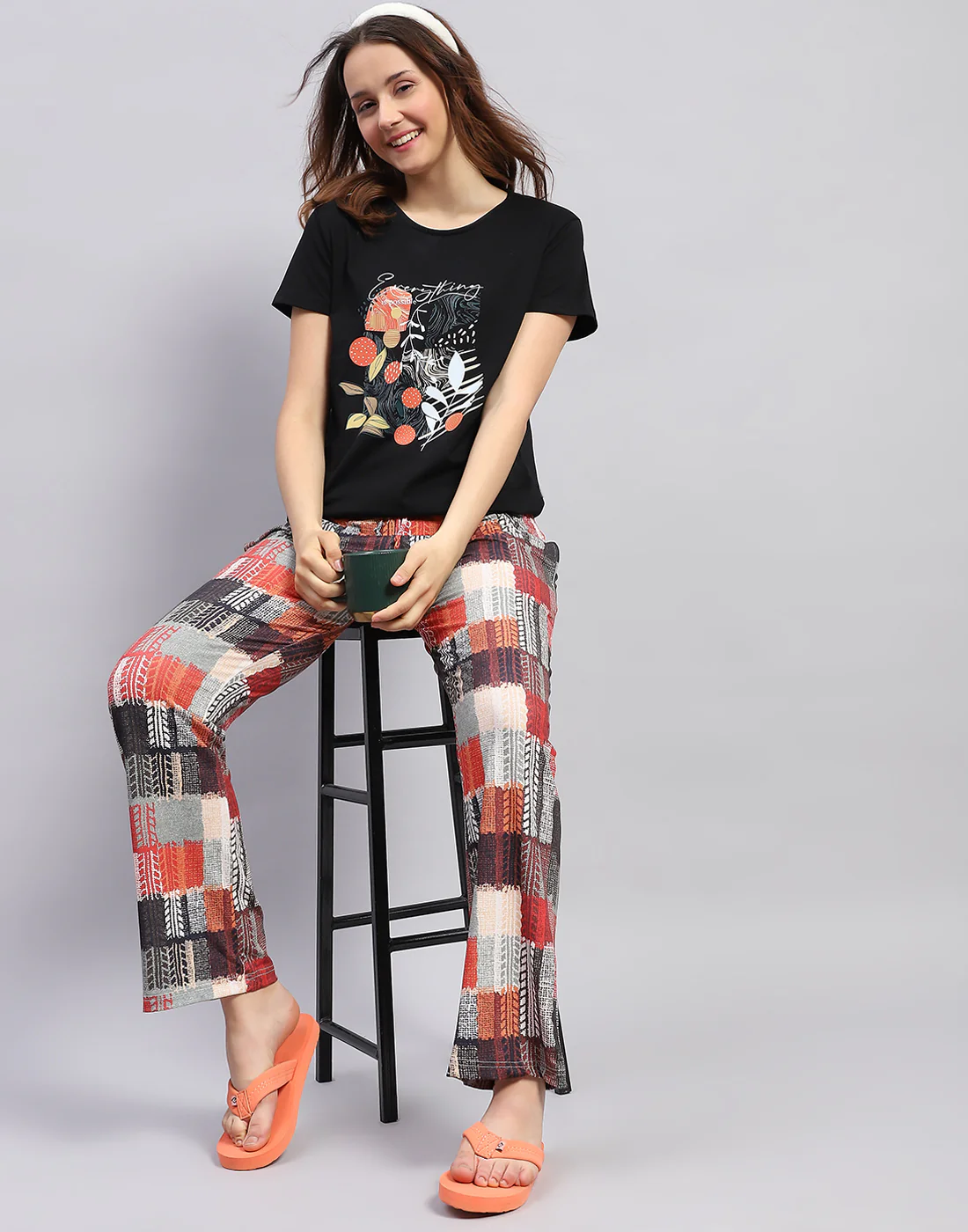 Women Black Printed Round Neck Half Sleeve Lower Set - Image 2