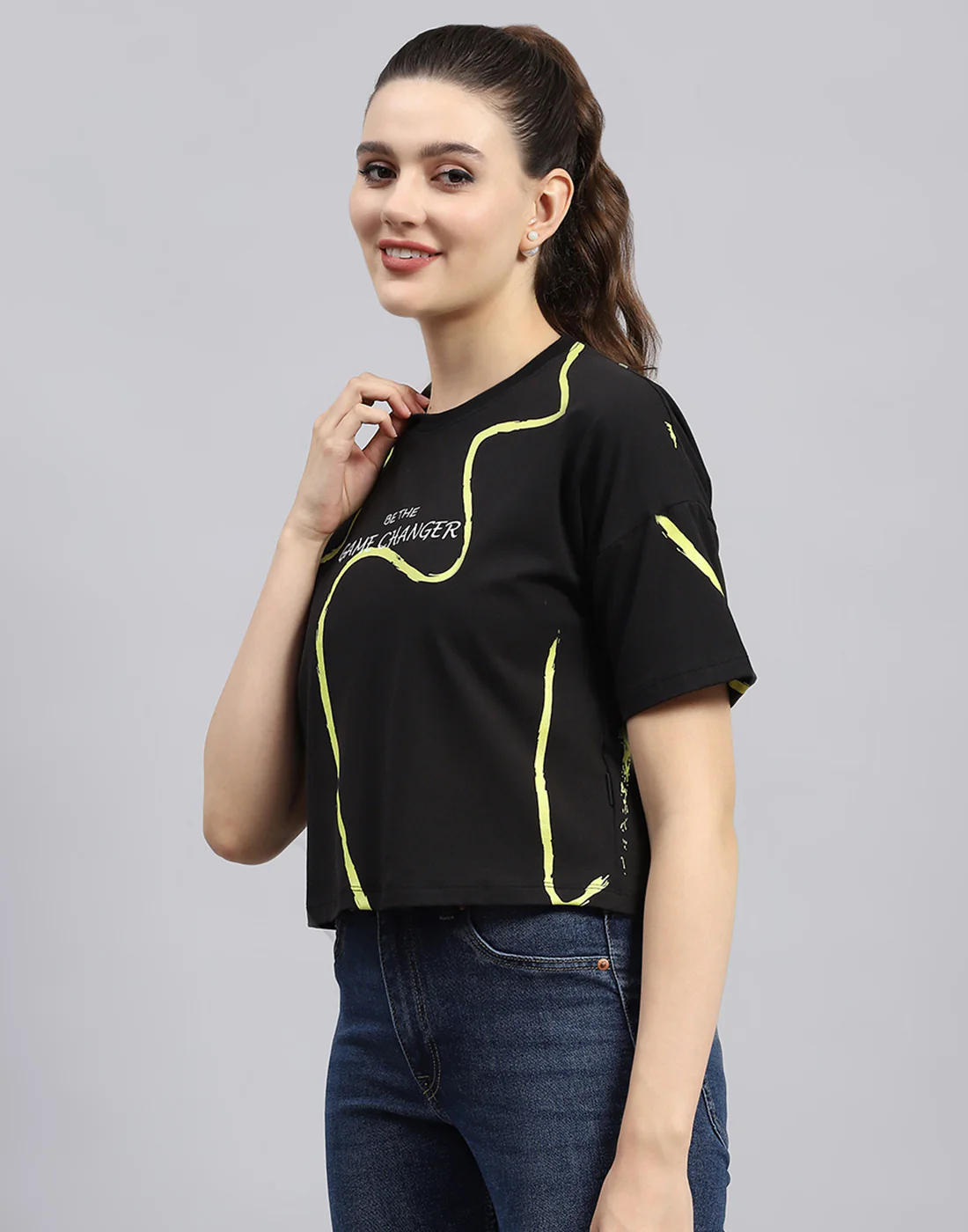 Rock.it Women Black Printed Round Neck Half Sleeve Top - Image 3