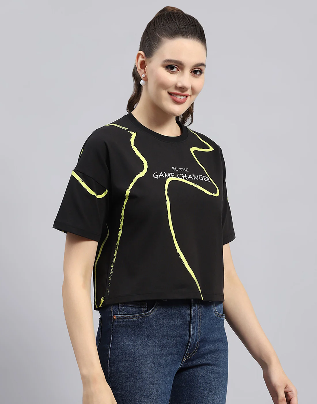 Rock.it Women Black Printed Round Neck Half Sleeve Top - Image 4