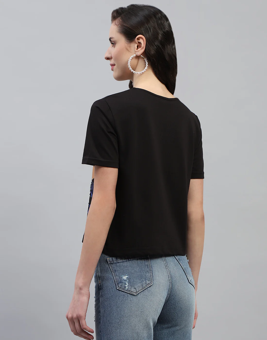 Women Black Printed Round Neck Half Sleeve Top - Image 6