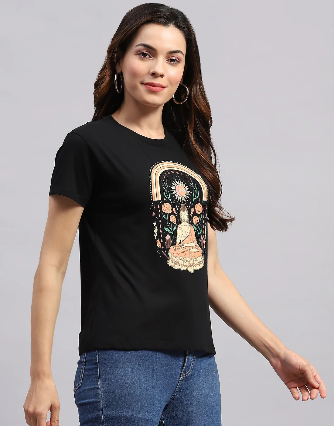 Women Black Printed Round Neck Half Sleeve Top - Image 5