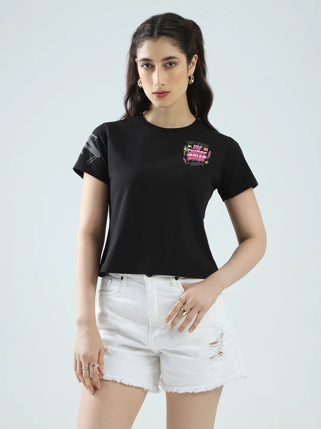 Rock.it Women Black Printed Round Neck Half Sleeve Top - Image 3