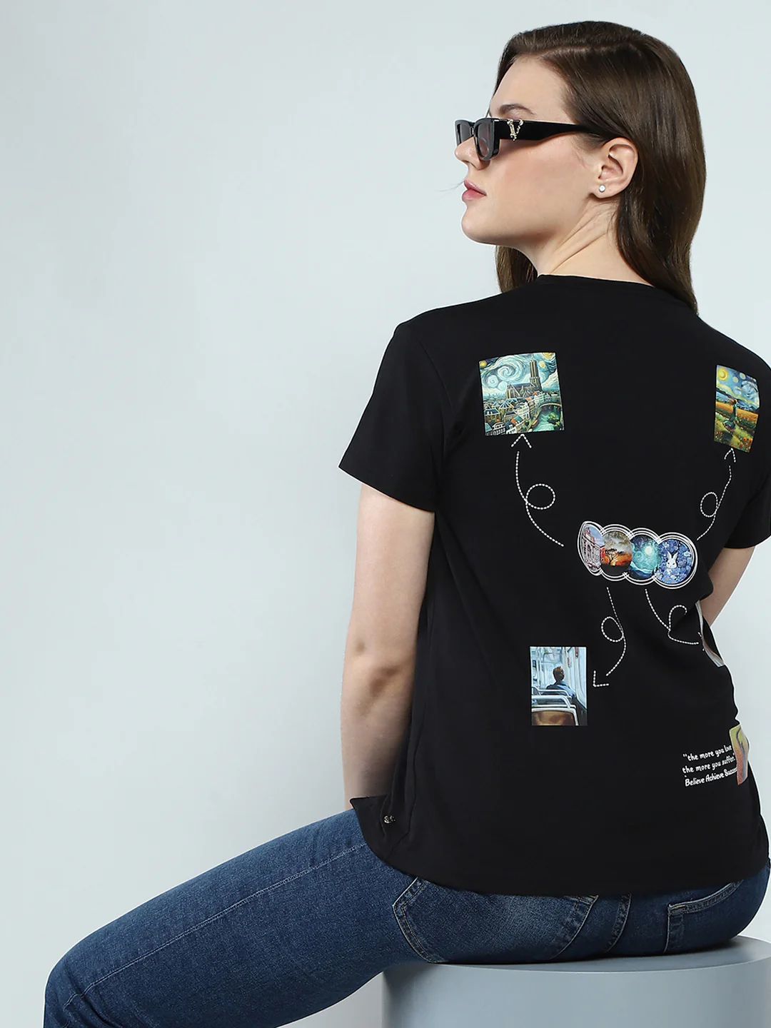 Women Black Printed Round Neck Half Sleeve Top - Image 6