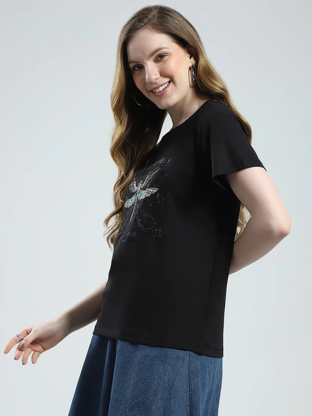 Women Black Printed Round Neck Half Sleeve Top - Image 3