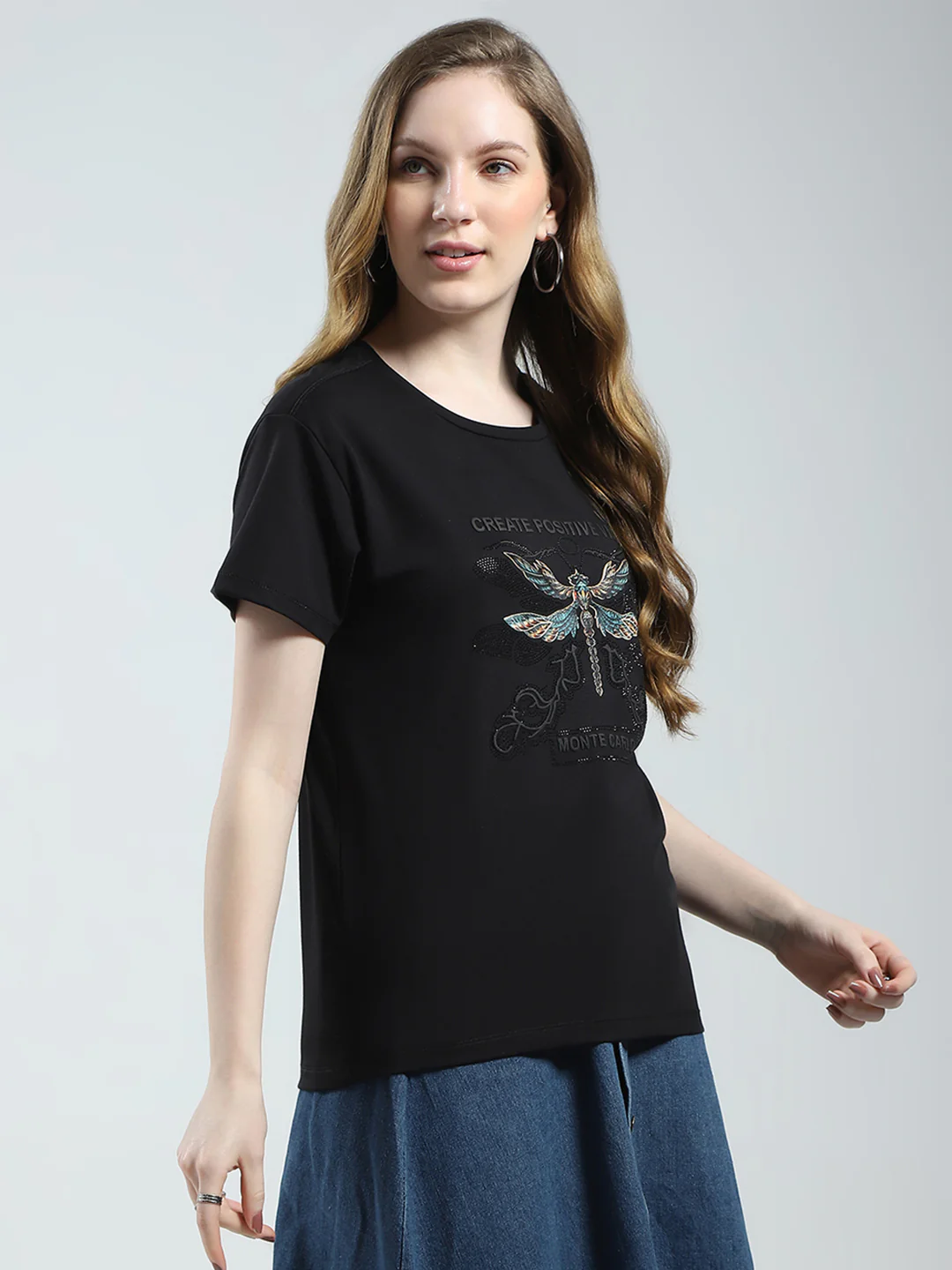 Women Black Printed Round Neck Half Sleeve Top - Image 4