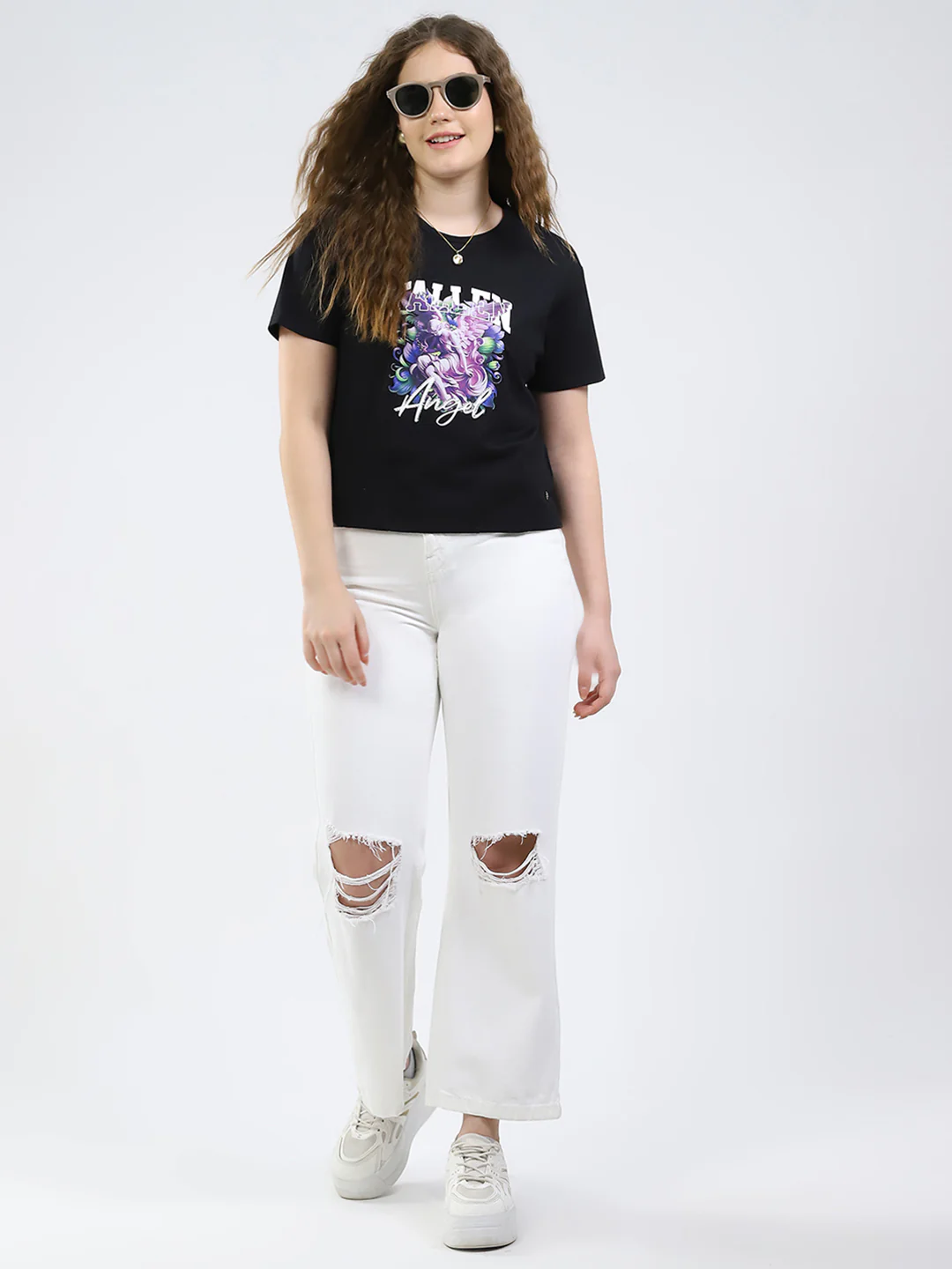 Women Black Printed Round Neck Half Sleeve Top - Image 2