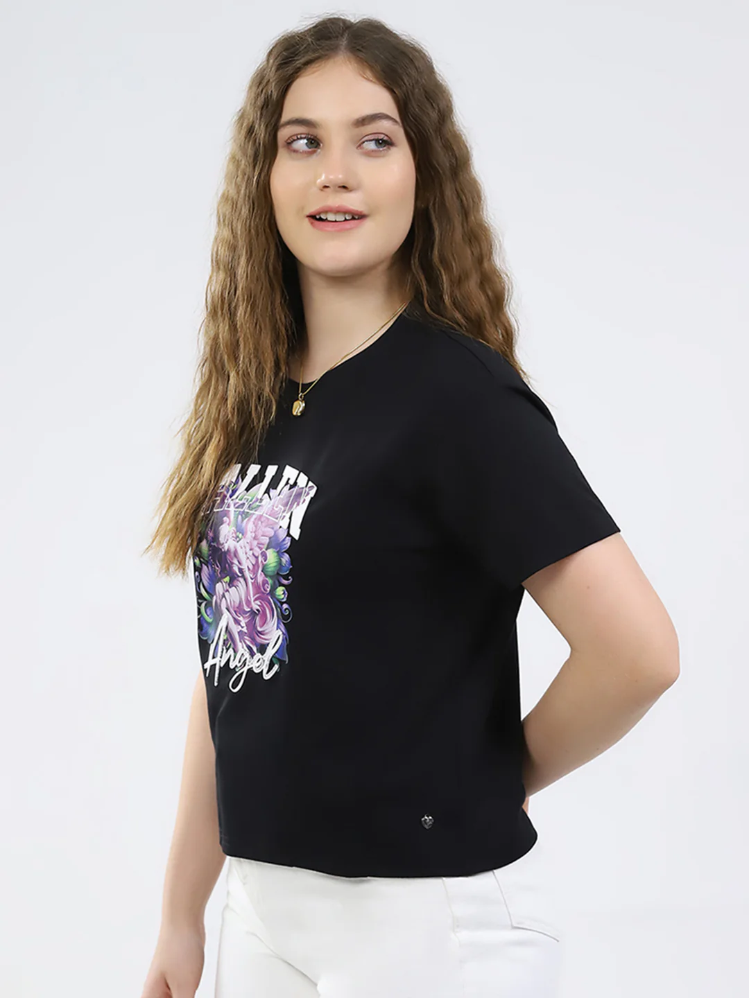 Women Black Printed Round Neck Half Sleeve Top - Image 3