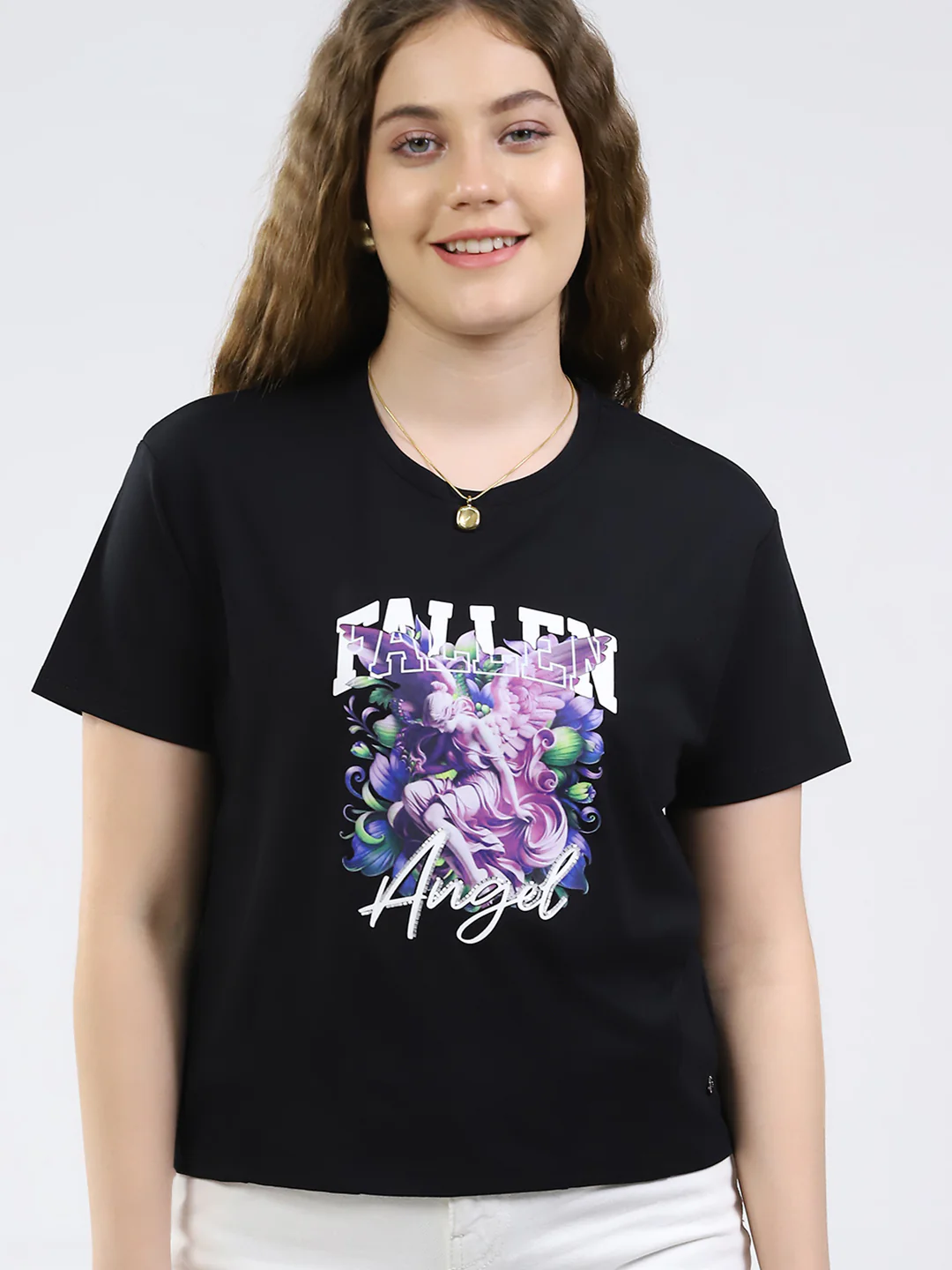 Women Black Printed Round Neck Half Sleeve Top - Image 7