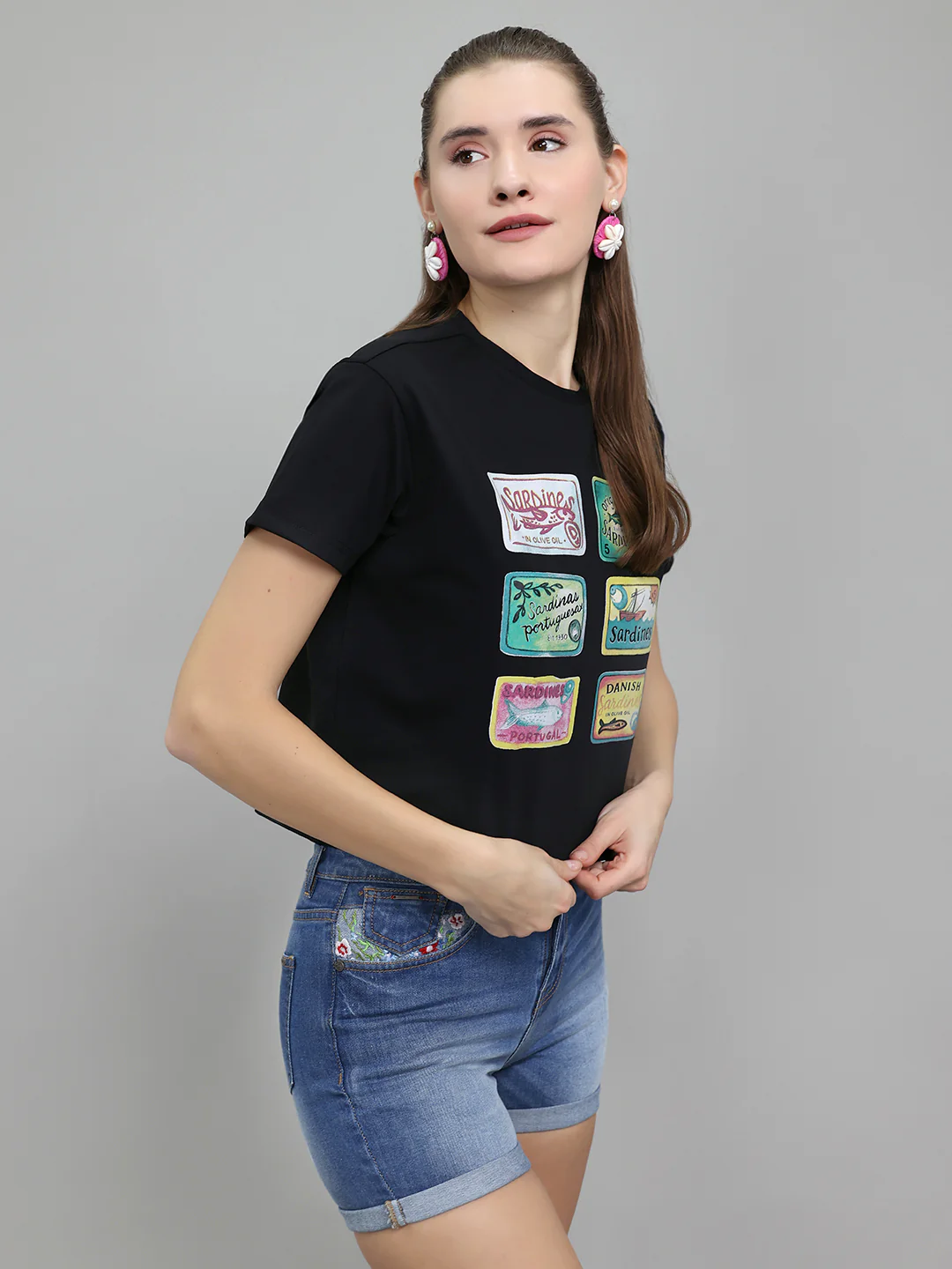 Women Black Printed Round Neck Half Sleeve Top - Image 2