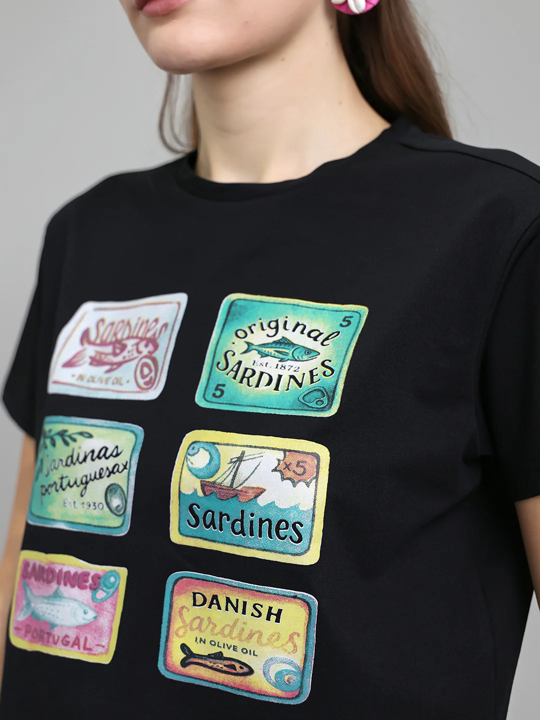 Women Black Printed Round Neck Half Sleeve Top - Image 5