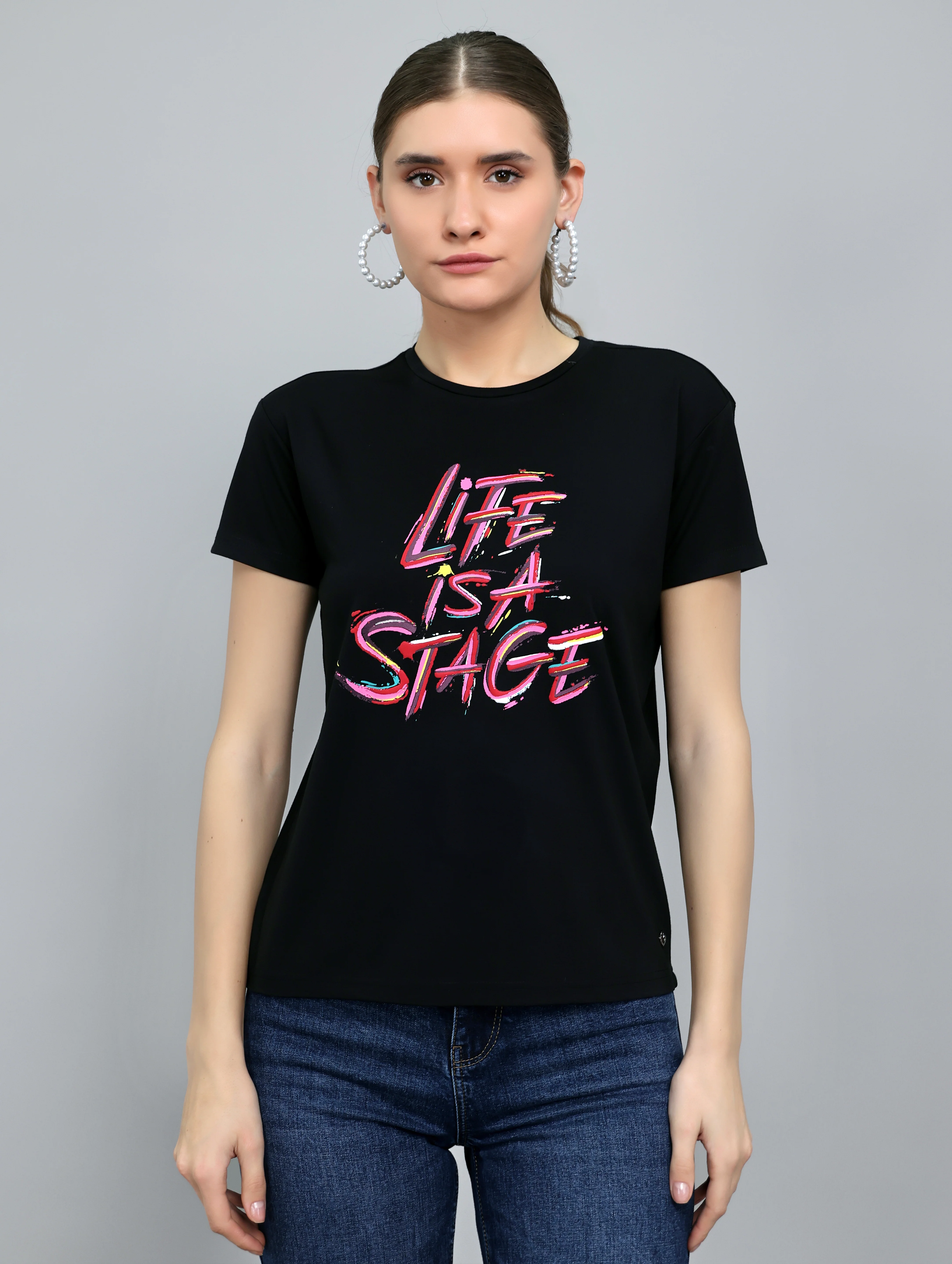 Women Black Printed Round Neck Half Sleeve Top