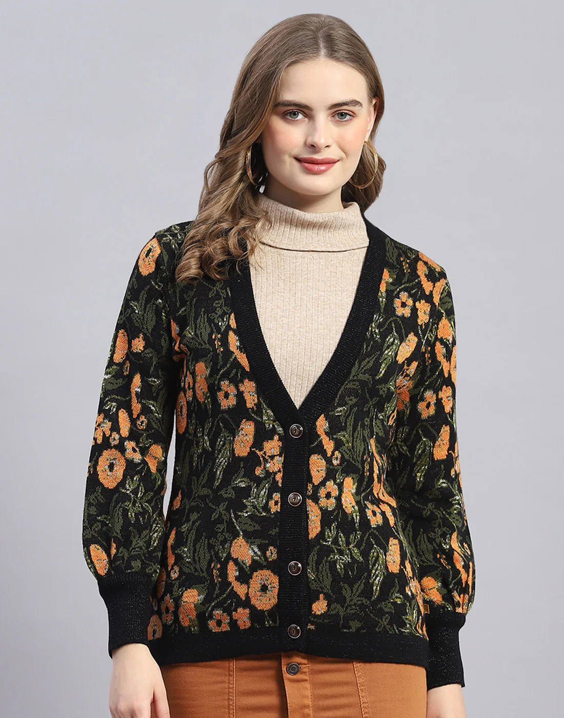 Women Black Printed V Neck Full Sleeve Cardigan - Image 2