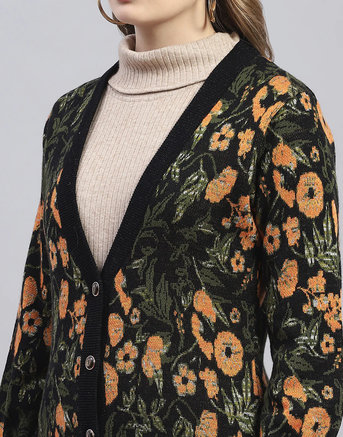 Women Black Printed V Neck Full Sleeve Cardigan - Image 7