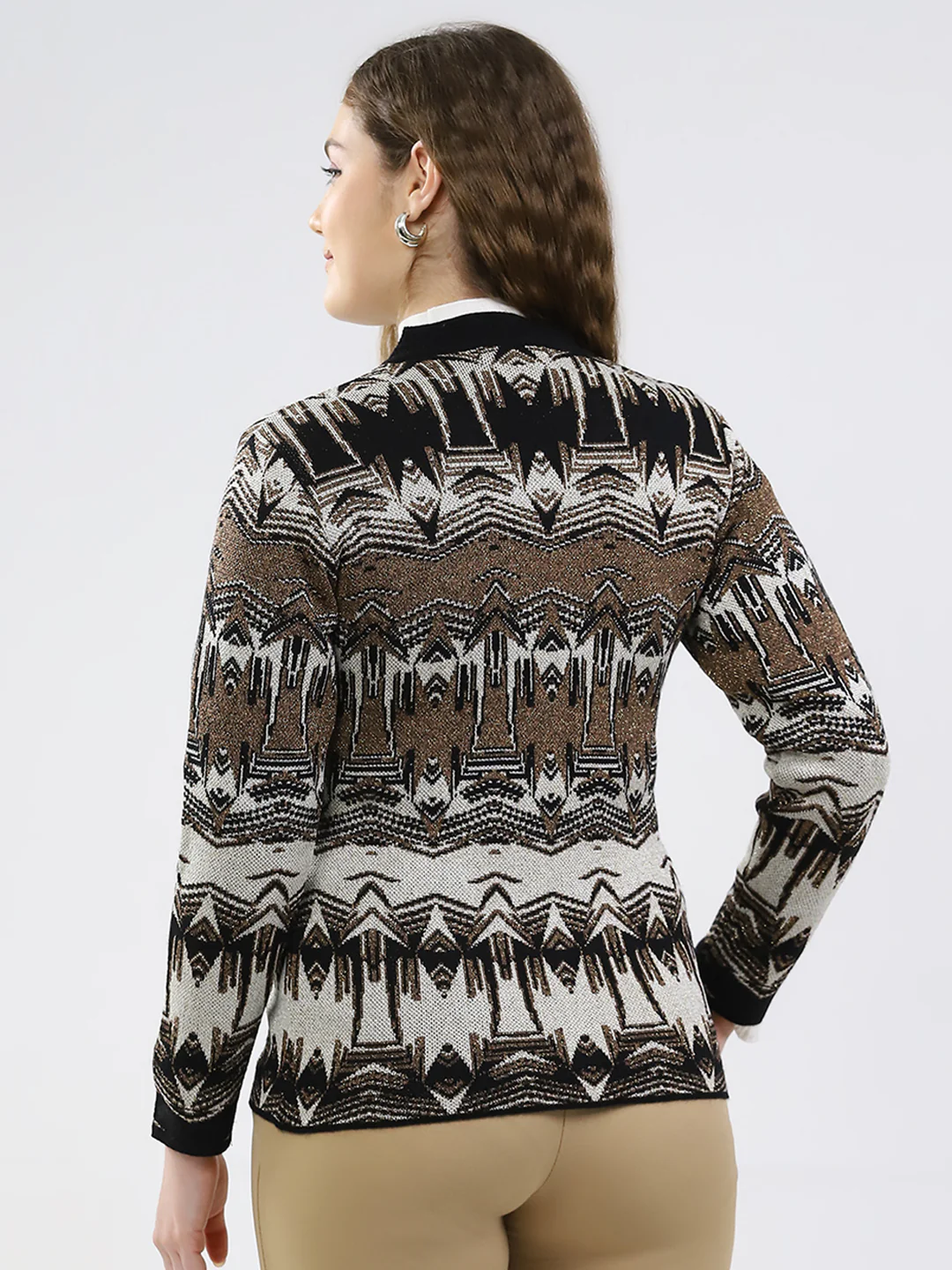 Women Black Printed V Neck Full Sleeve Cardigan - Image 5