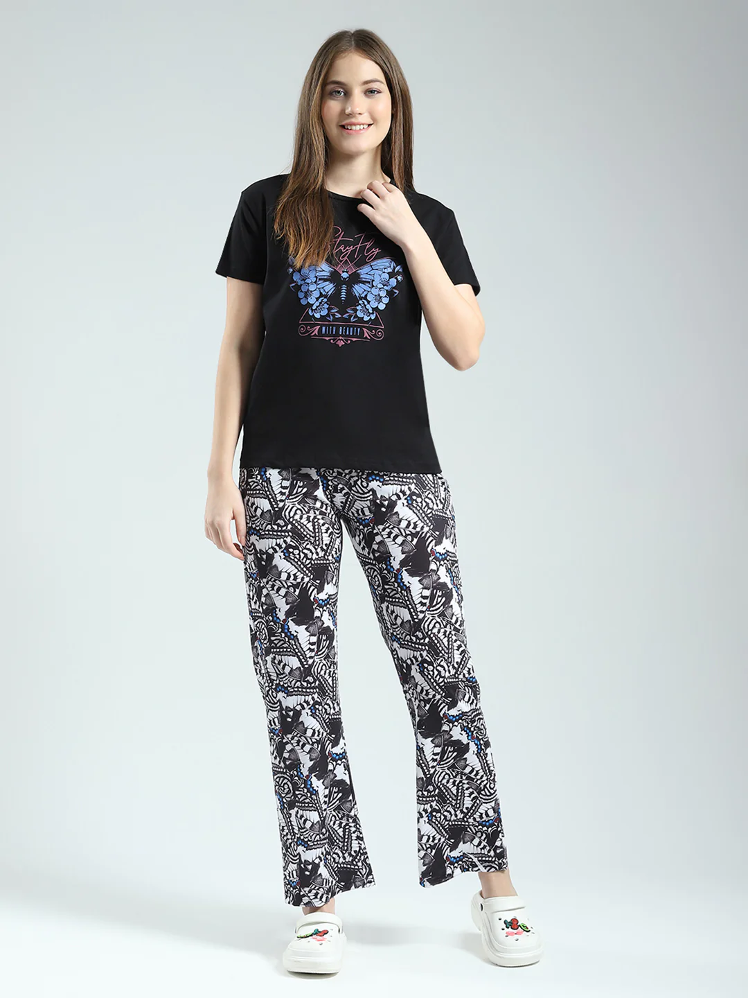 Women Black Printed Round Neck Half Sleeve Lower Set