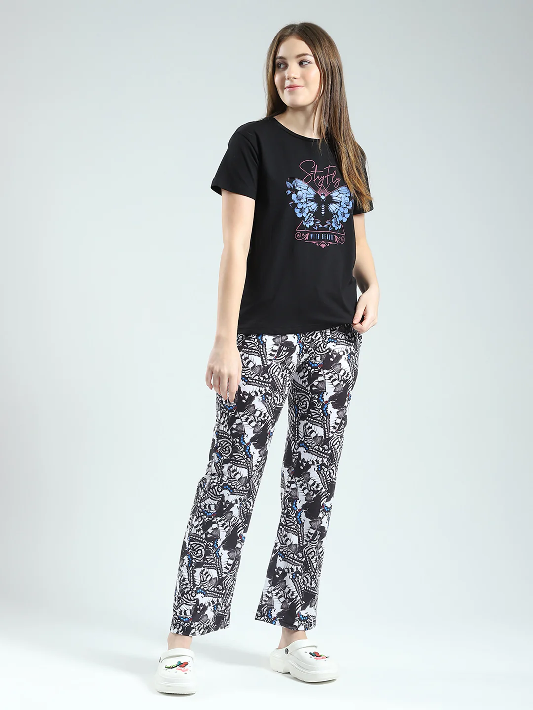 Women Black Printed Round Neck Half Sleeve Lower Set - Image 4