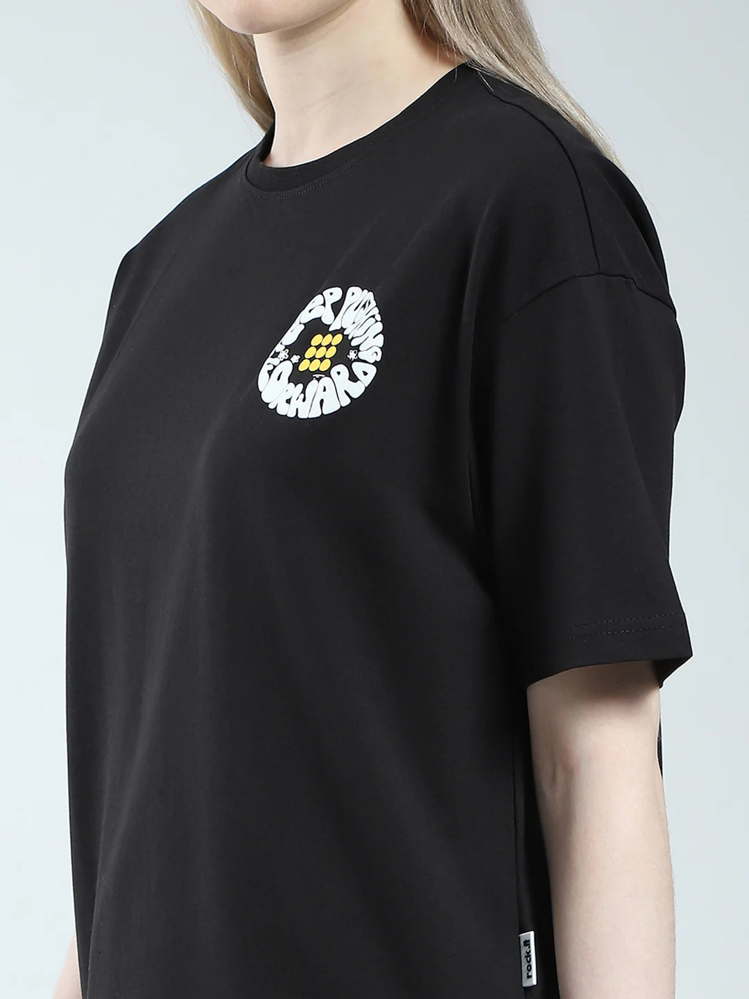 Rock.it Women Black Printed Round Neck Half Sleeve Top - Image 6