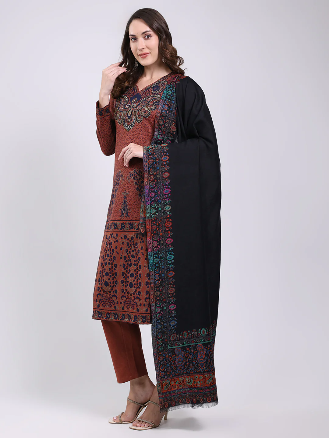 Women Black Printed Wool Blend Shawl - Image 3