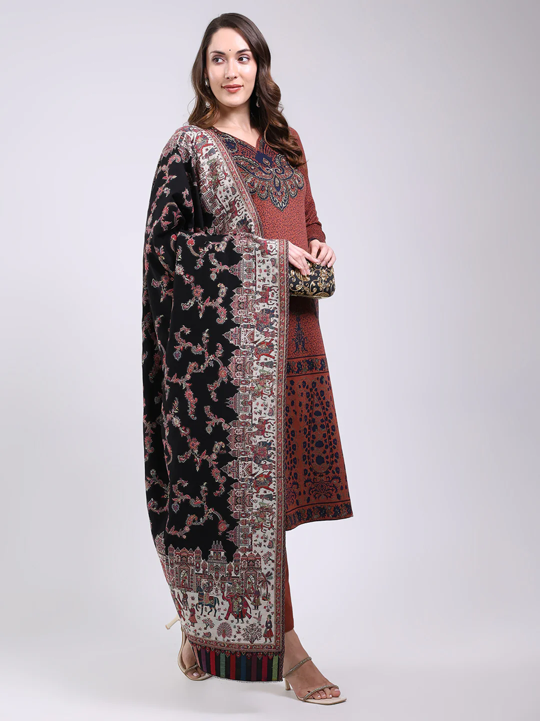 Women Black Printed Wool Blend Shawl - Image 5