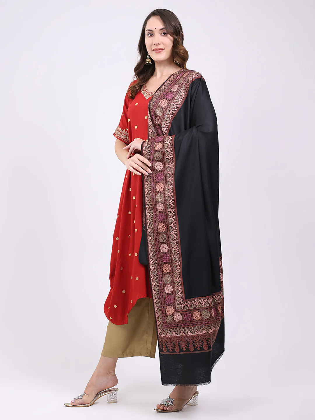 Women Black Printed Wool Blend Shawl - Image 3