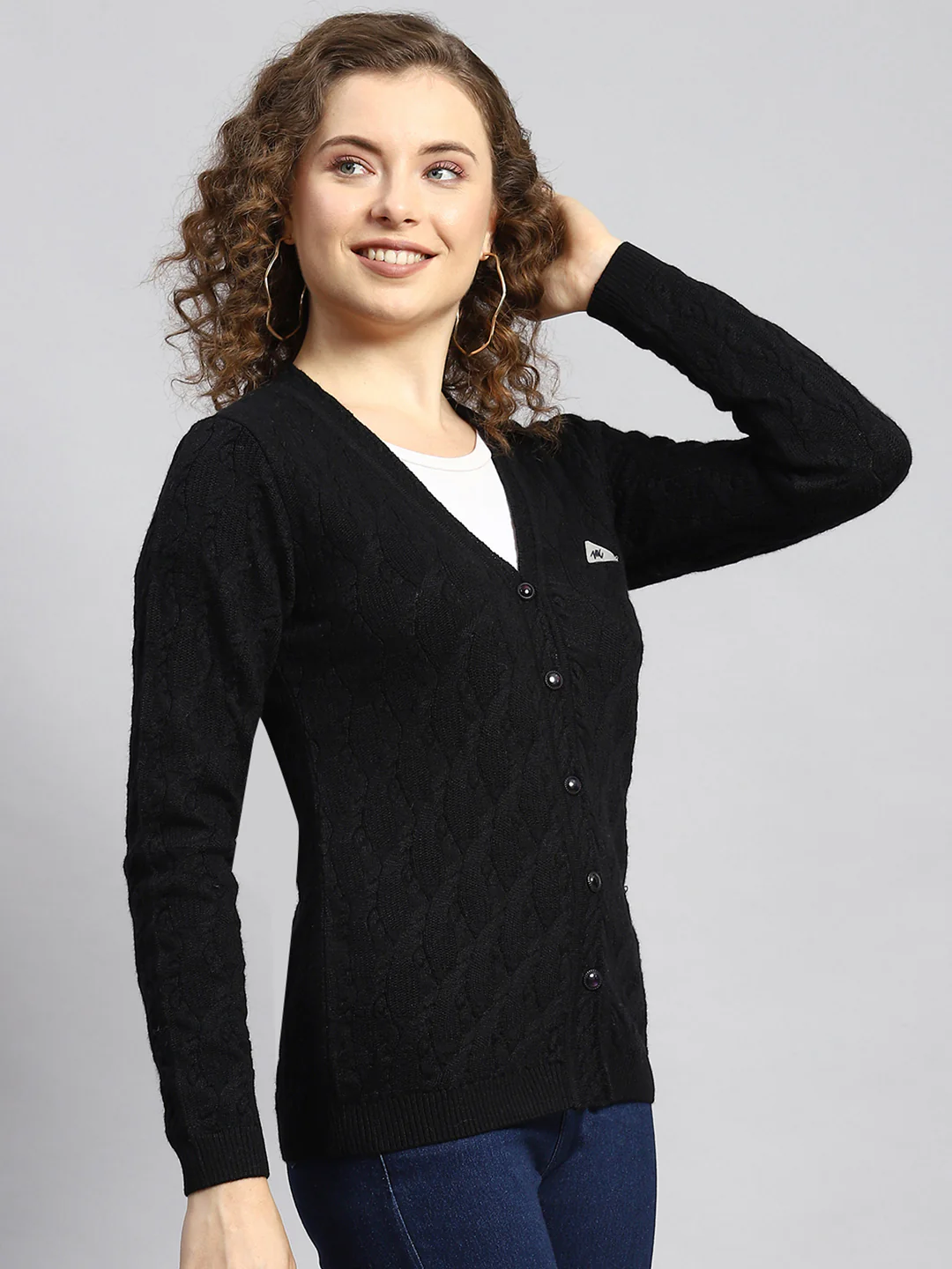 Women Black Self Cardigan - Image 3