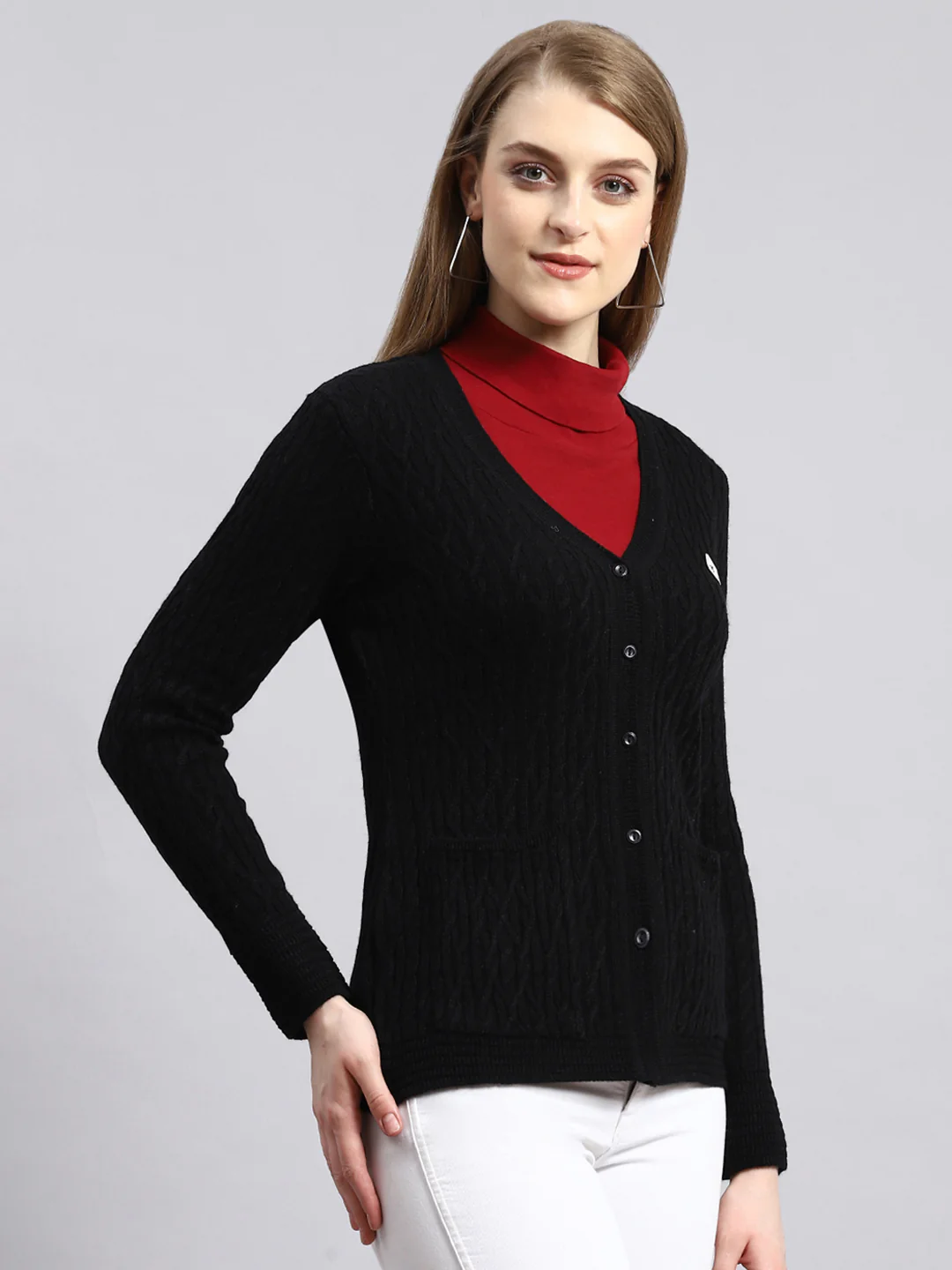Women Black Self Cardigan - Image 2