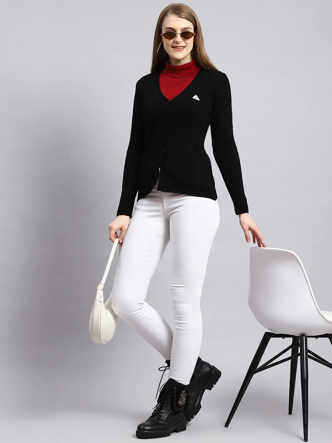 Women Black Self Cardigan - Image 5