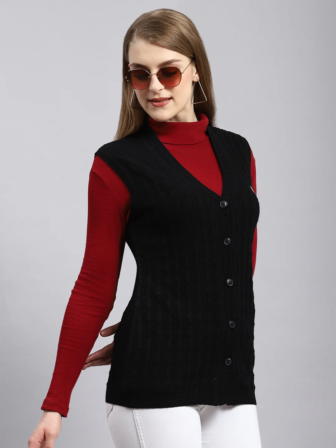 Women Black Self Cardigan - Image 2