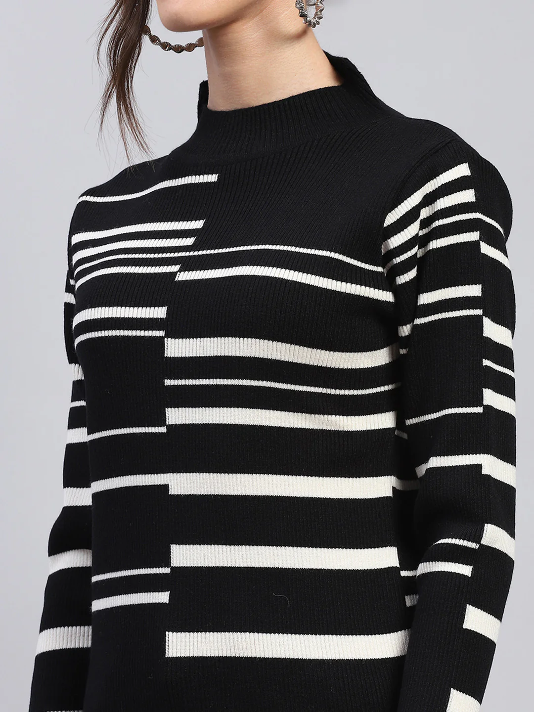Women Black Self Design Band Collar Full Sleeve Winter Tops - Image 7