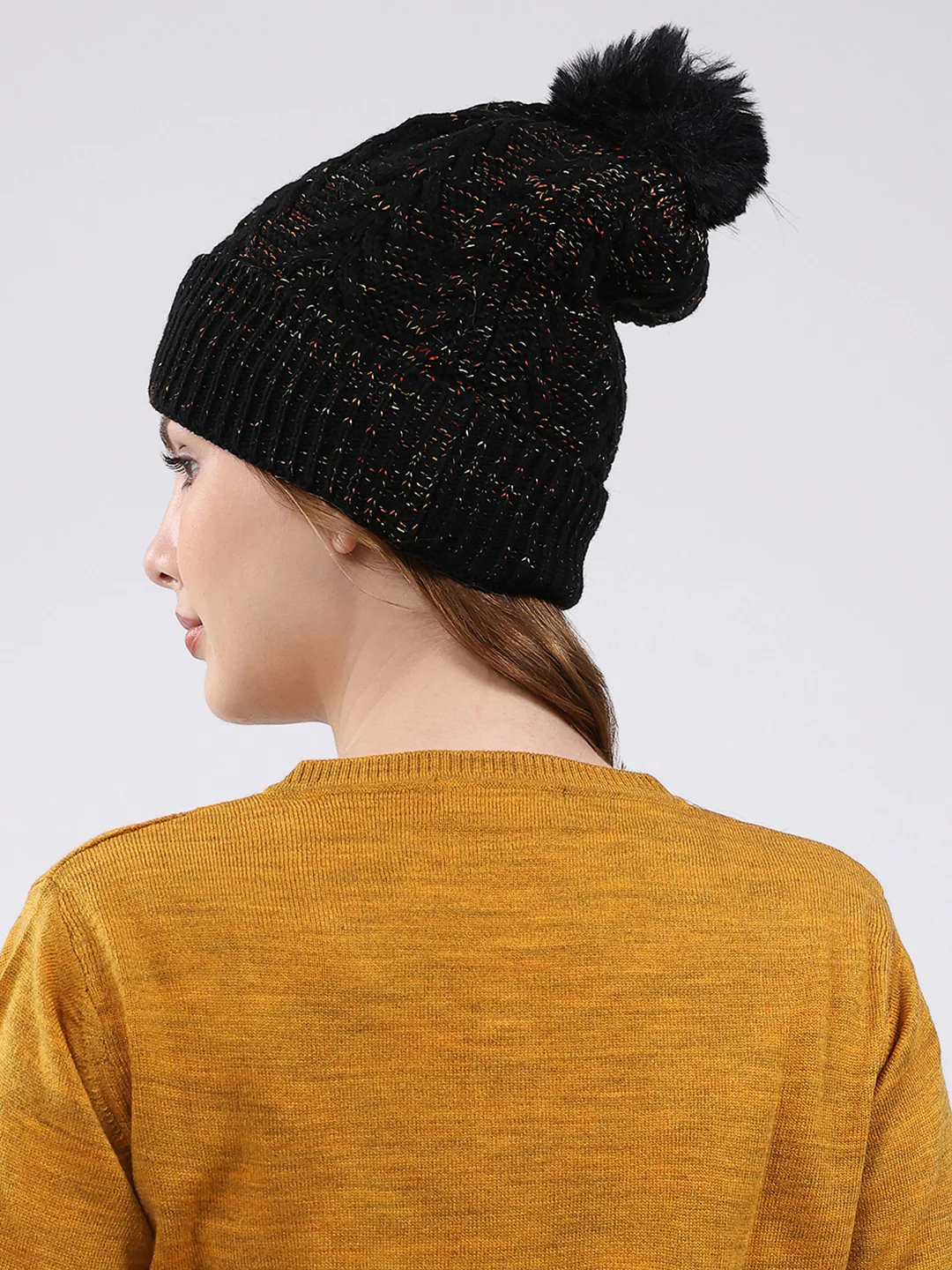 Women Black Self Design Blend Wool Cap - Image 5