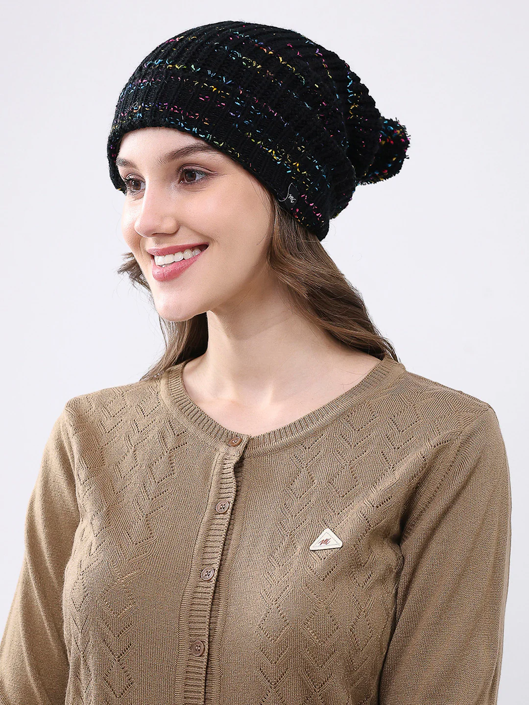 Women Black Self Design Blend Wool Cap - Image 3