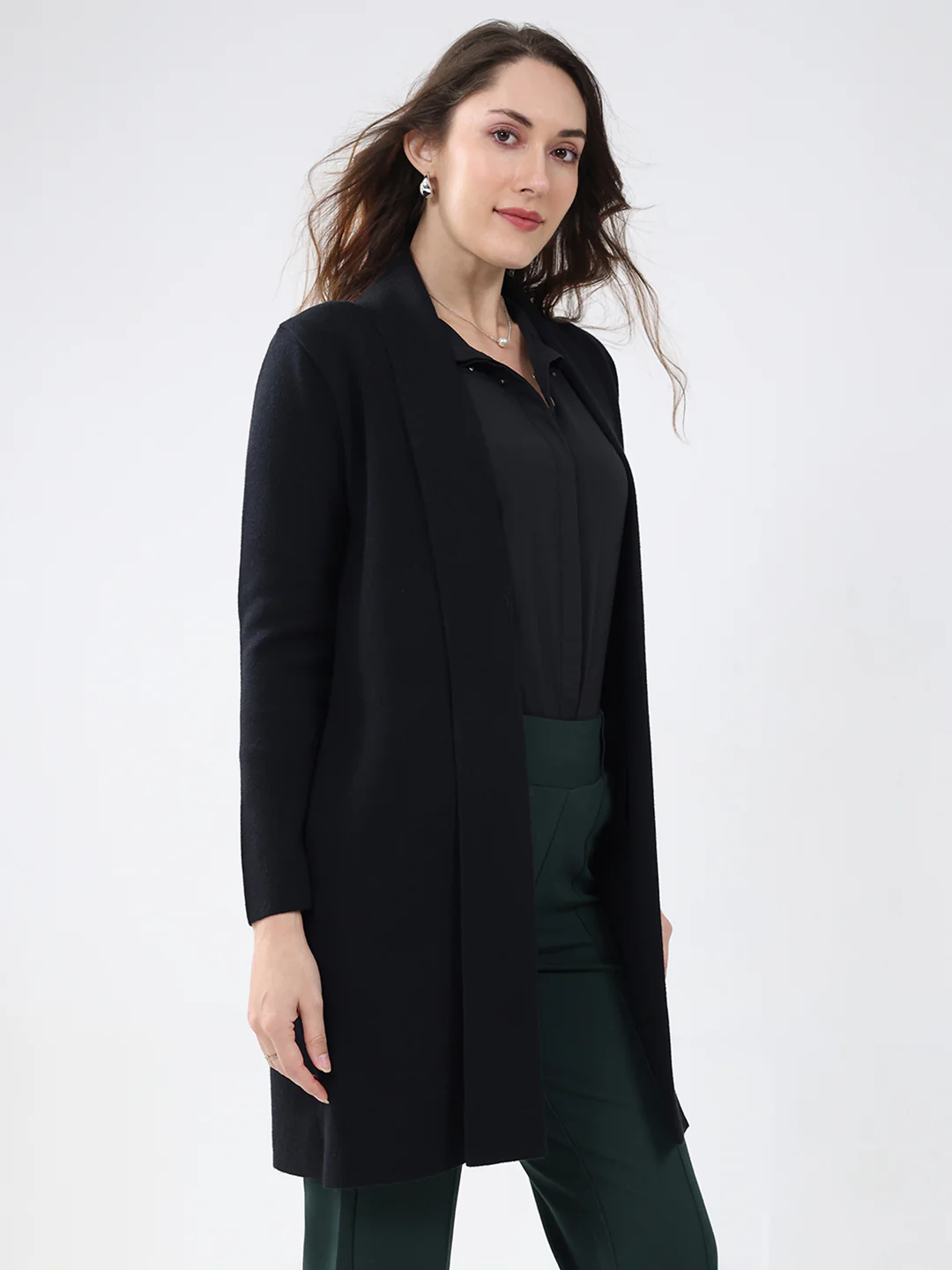 Women Black Self Design Collar Full Sleeve Cardigan - Image 4