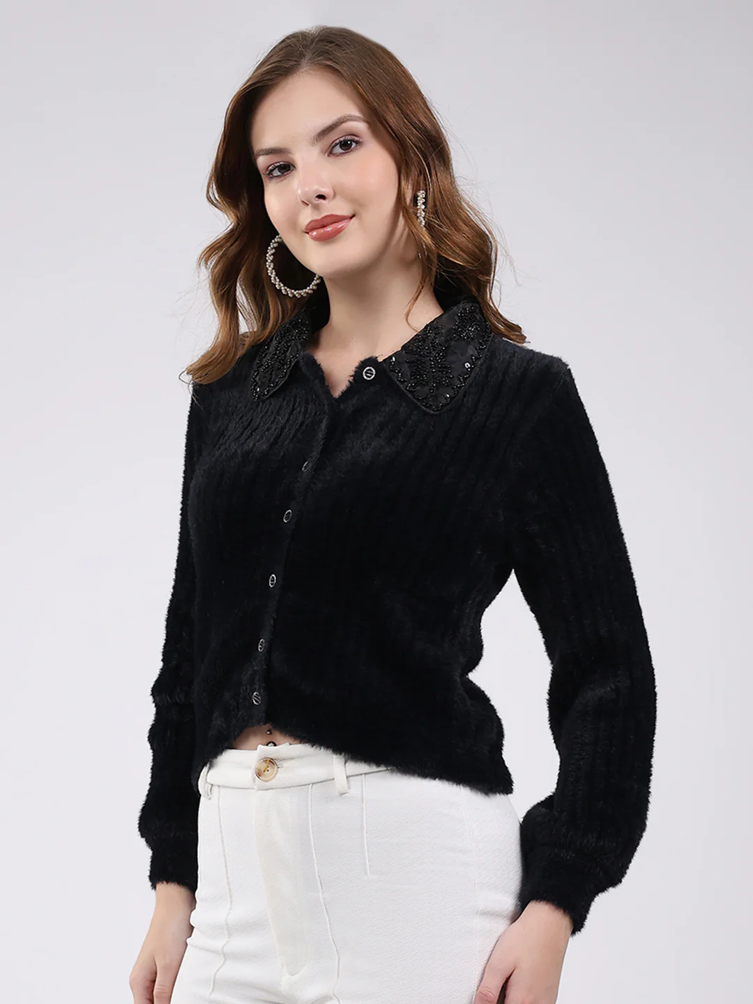 Women Black Self Design Collar Full Sleeve Cardigan - Image 3