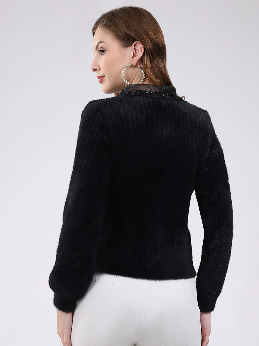 Women Black Self Design Collar Full Sleeve Cardigan - Image 5