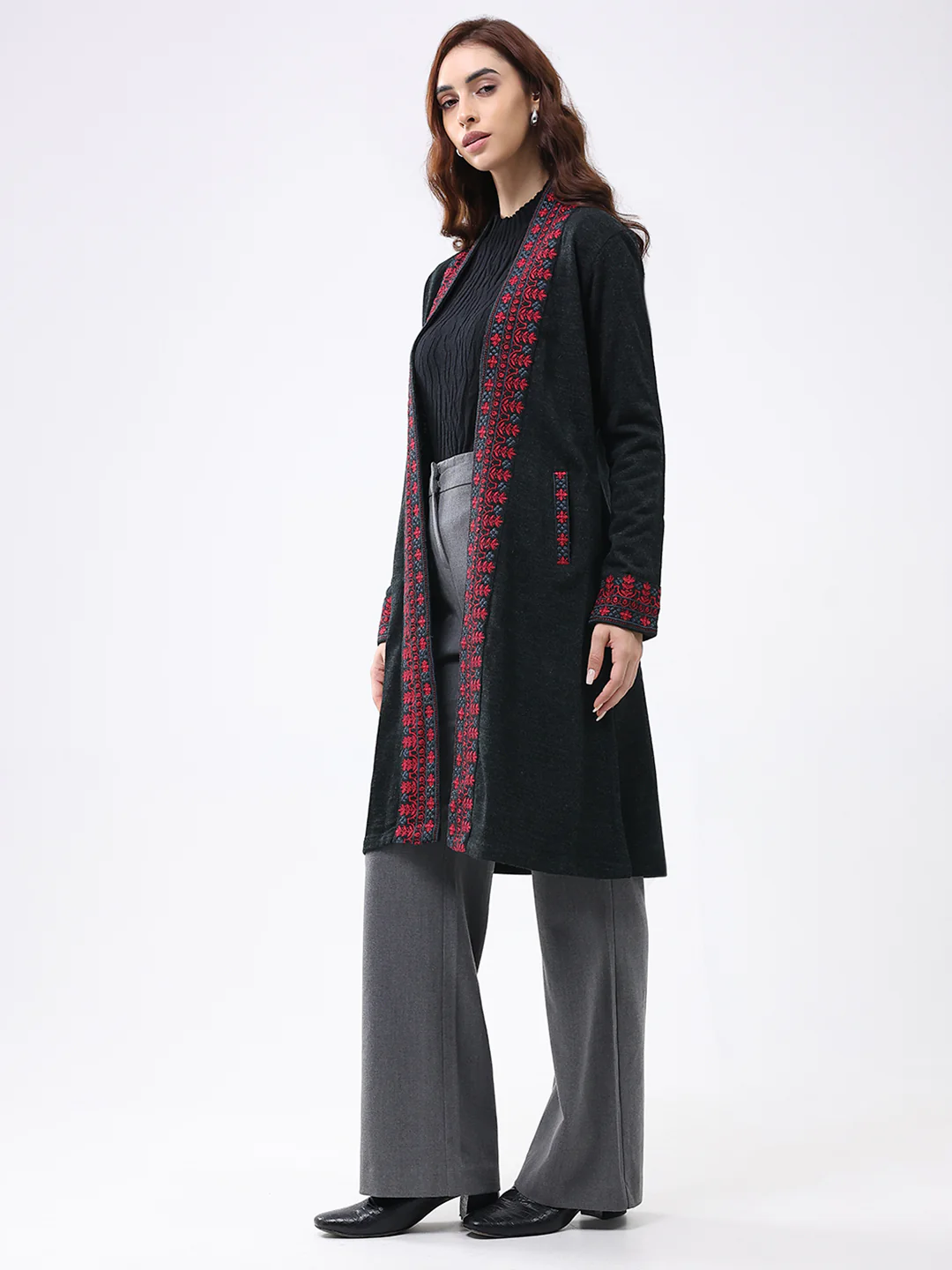 Women Black Self Design Collar Full Sleeve Cardigan - Image 3