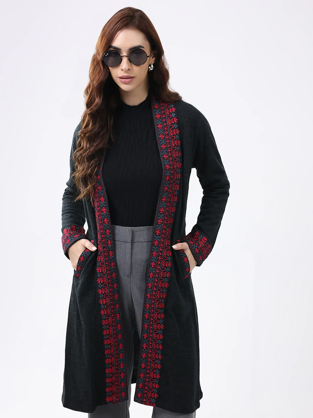 Women Black Self Design Collar Full Sleeve Cardigan - Image 6